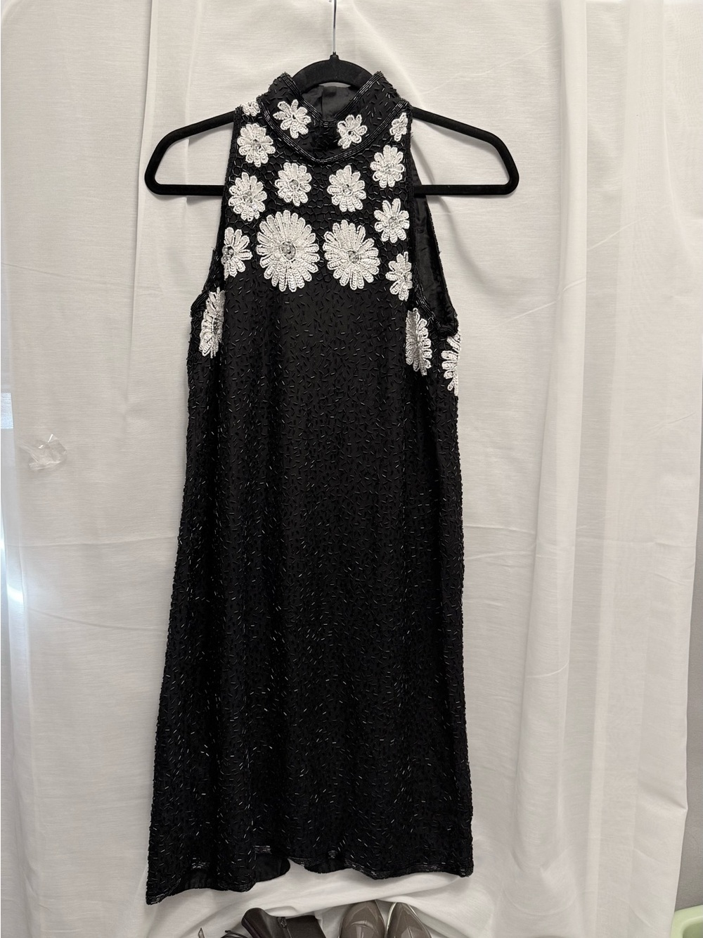 SILK Beaded Halter Dress with White Floral Appliqué